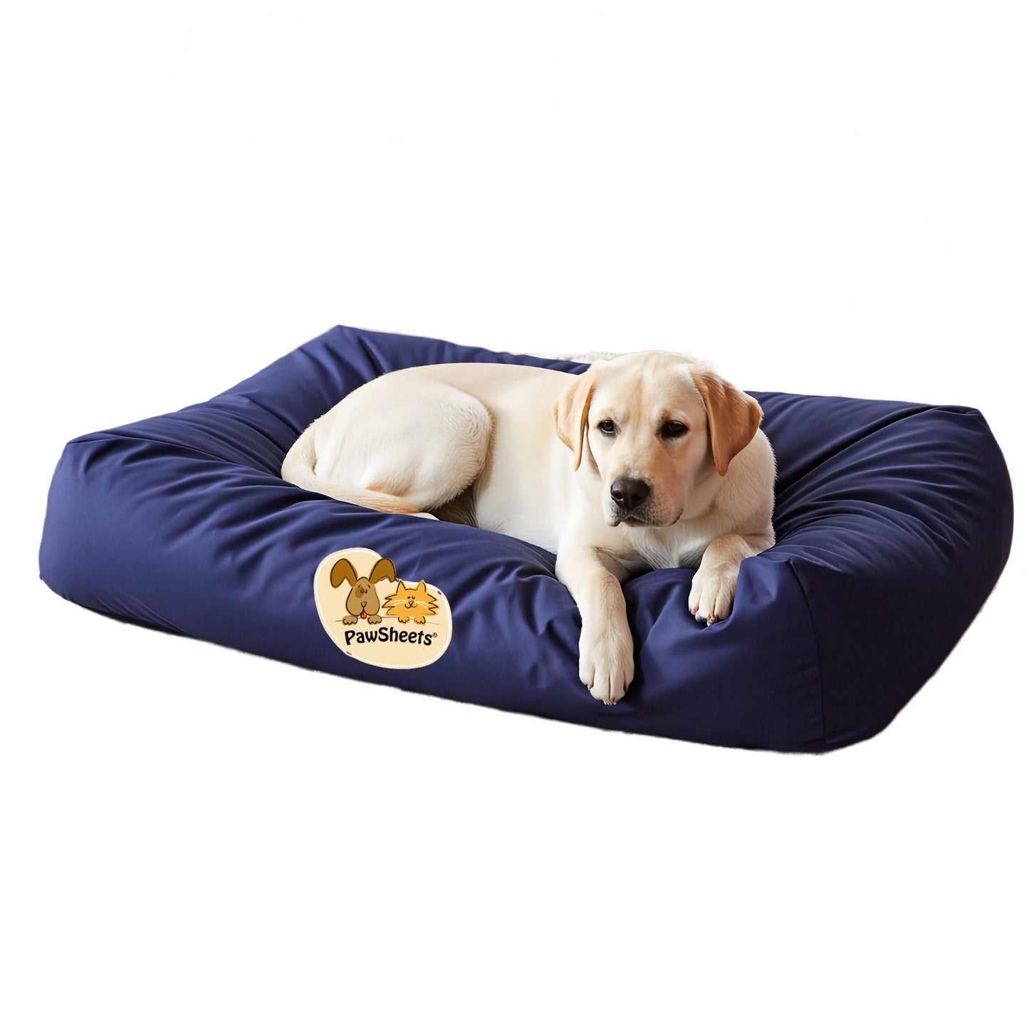 Labrador retriever resting on a bolster style dog bed covered with a dark blue PawSheets dog bed cover