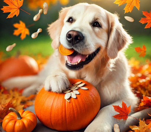 Dog eating a slice of pumpkin