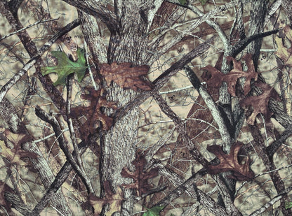 Close-up of a waterproof fabric forest pattern with tree branches and leaves