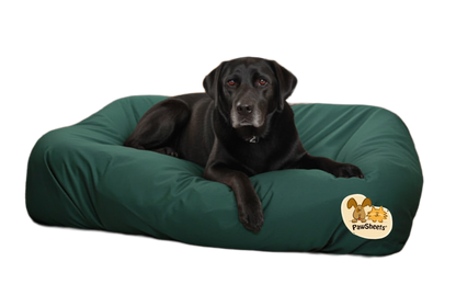 Dog on dog bed with hunter green PawSheets dog bed cover