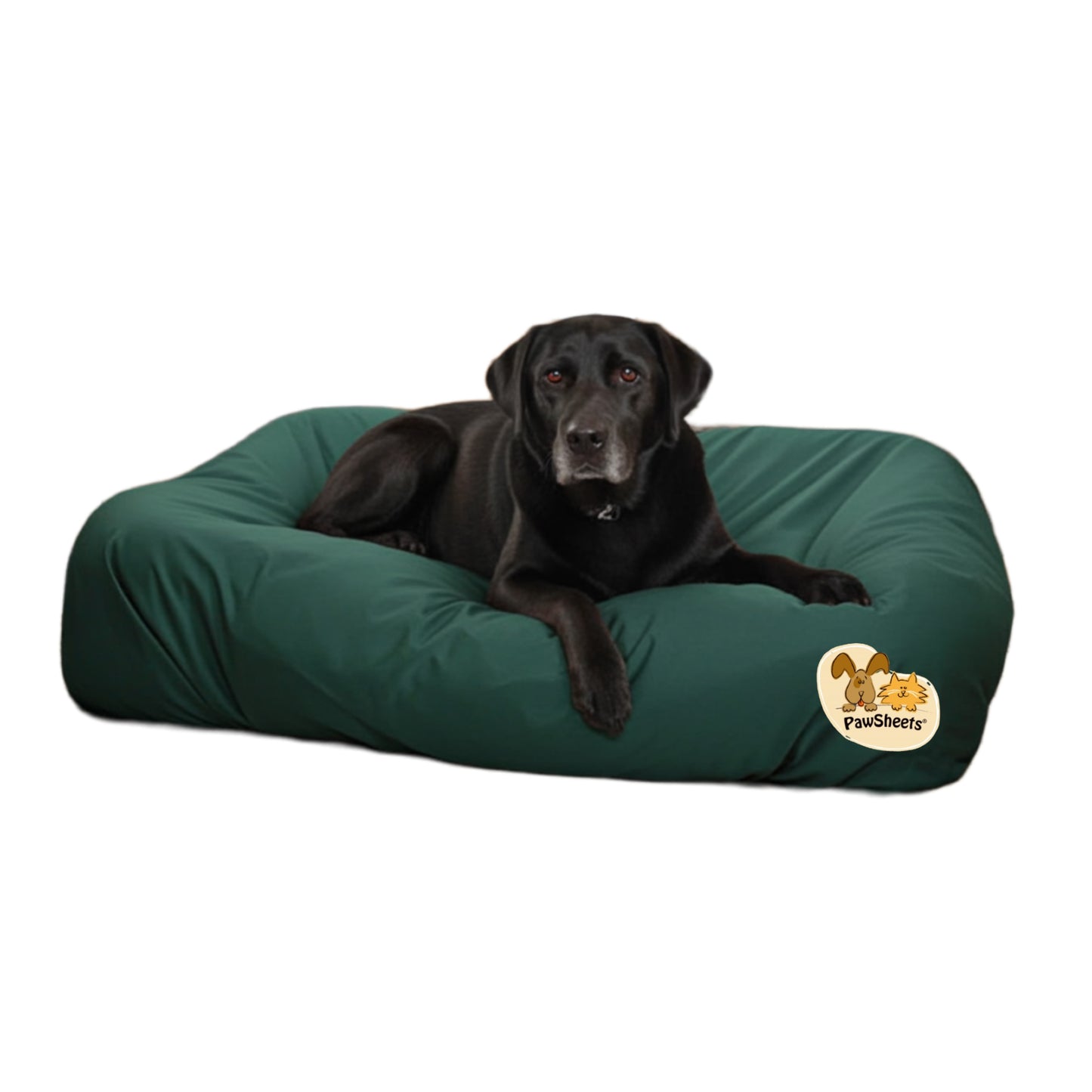 Black labrador retriever resting on a bolster style dog bed covered with a dark green PawSheets dog bed cover