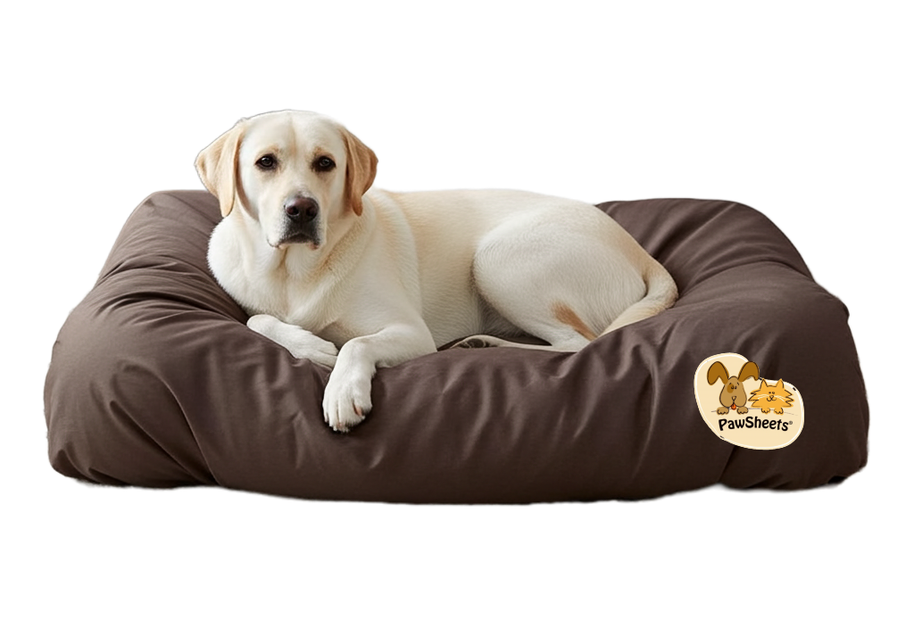 Dog on dog bed with chocolate brown PawSheets dog bed cover