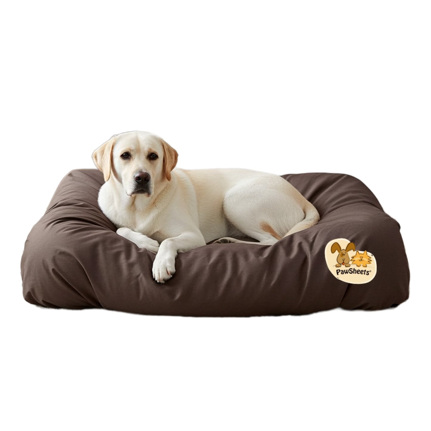 White labrador retriever resting on a bolster style dog bed covered with a brown PawSheets dog bed cover