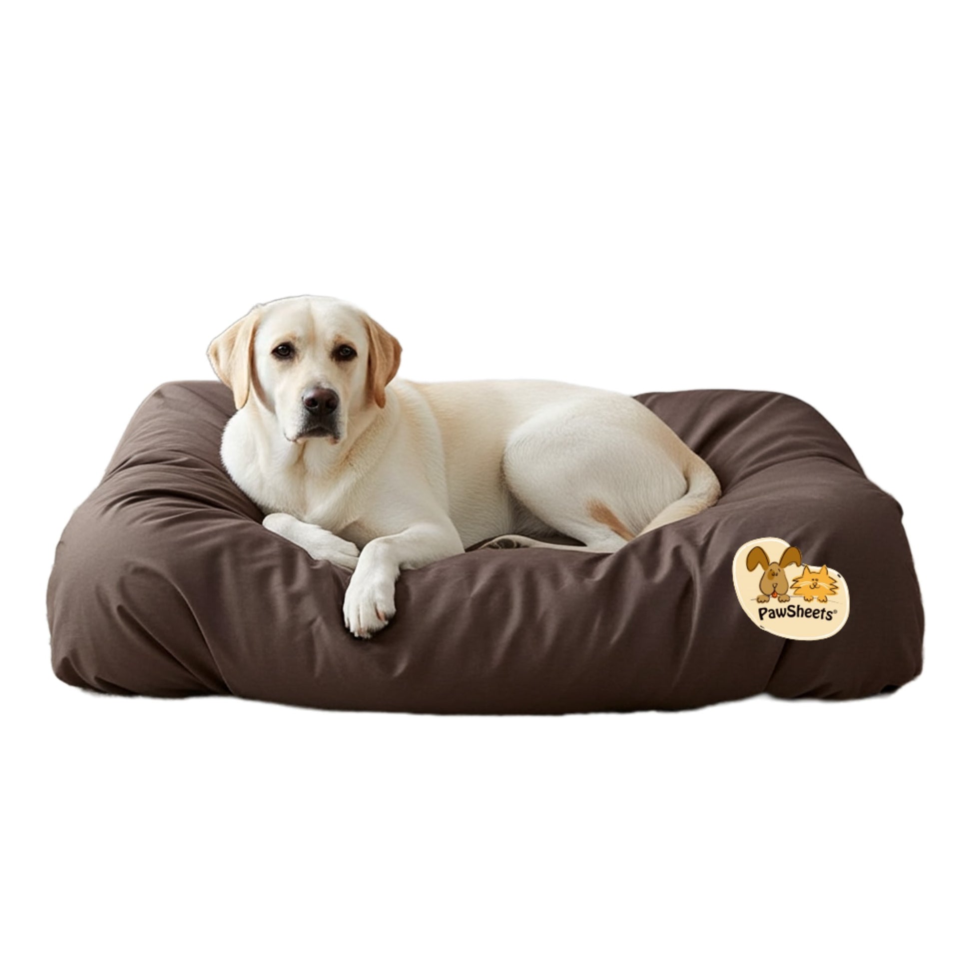 White labrador retriever resting on a bolster style dog bed covered with a brown PawSheets dog bed cover