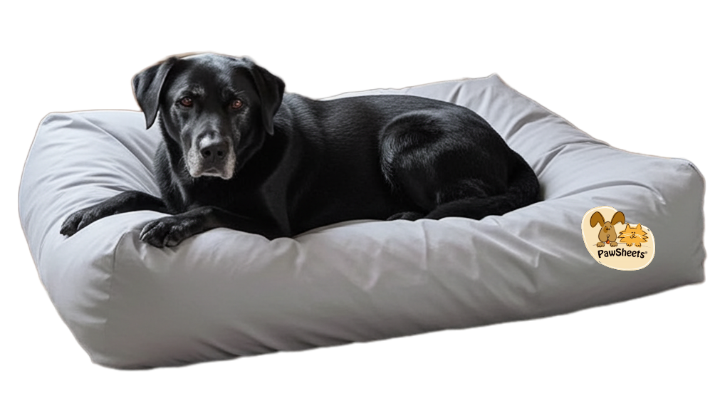 Black dog lies on a large, rectangular bolster dog bed covered with a light gray PawSheets dog bed cover 