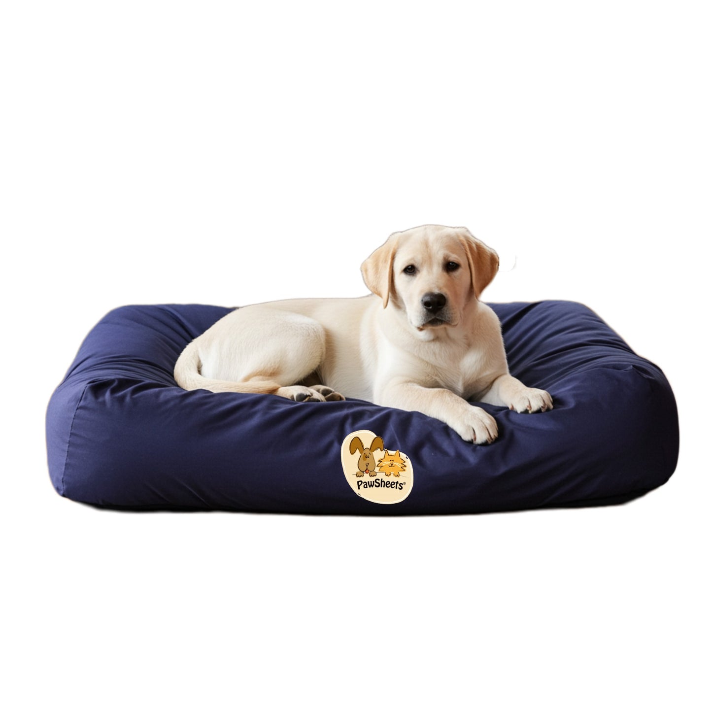 Cream labrador retriever resting on a bolster style dog bed covered with a navy blue PawSheets dog bed cover
