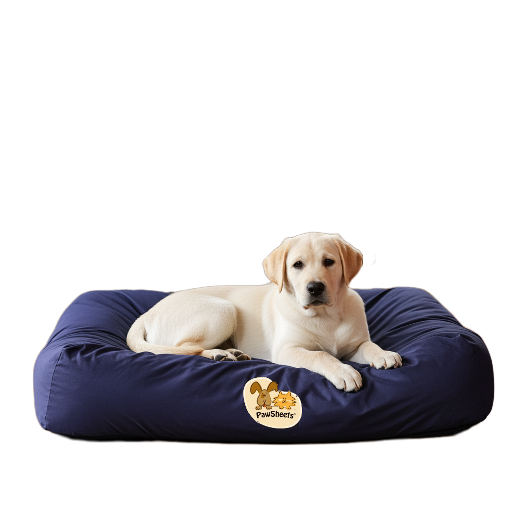 Dog on dog bed with navy blue fitted PawSheets dog bed cover