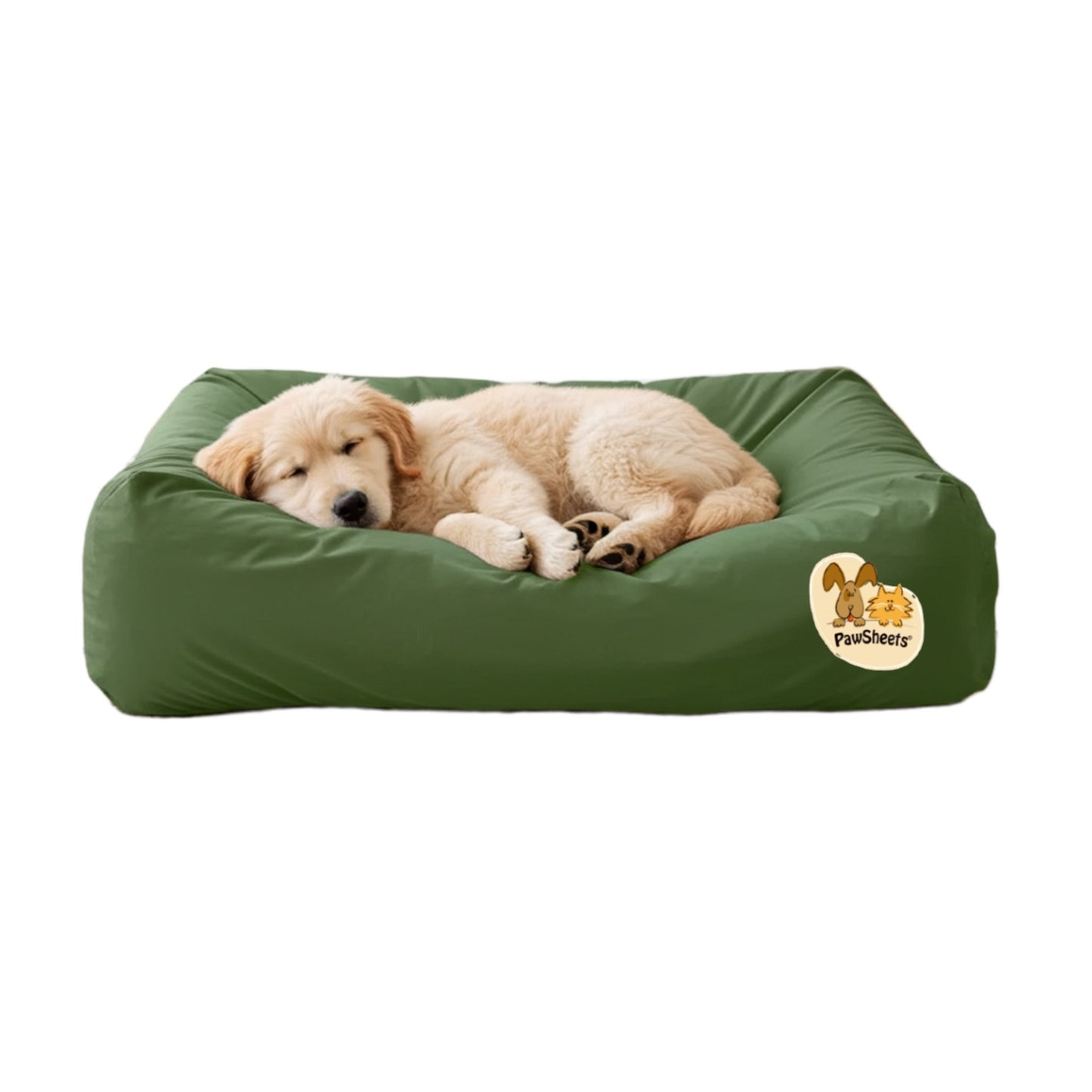 Labrador retriever  puppy resting on a bolster style dog bed covered with an olive green PawSheets dog bed cover