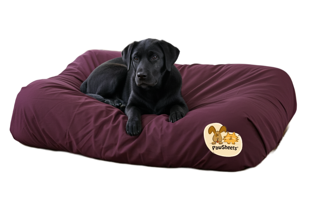 Dog on a large bolster dog bed with a burgundy PawSheets dog bed cover