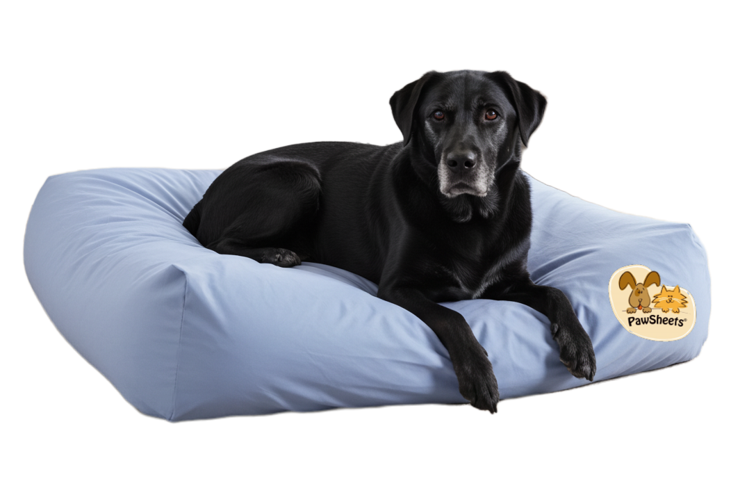 Black dog lies on a large, cushioned rectangular dog bed with a light blue PawSheets dog bed cover.