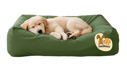 Dog on dog bed with olive green PawSheets dog bed cover