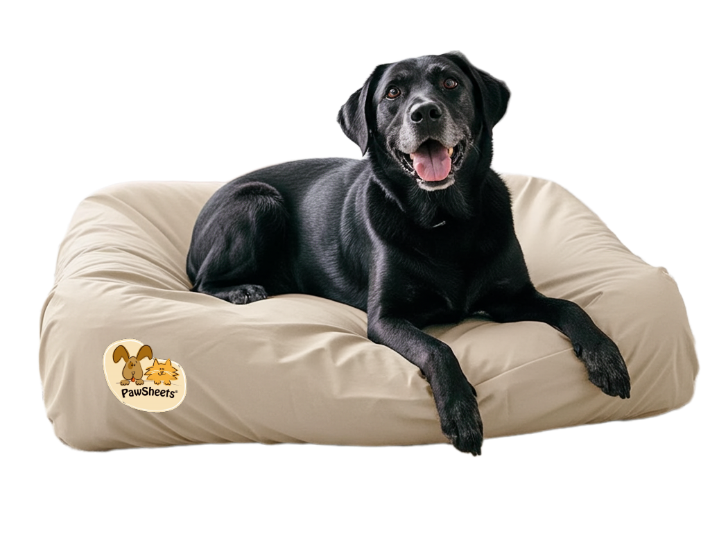 Dog on dog bed fitted with sand color PawSheets dog bed cover