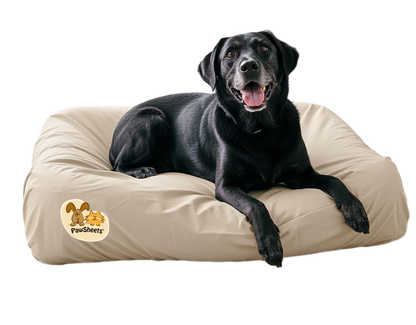 Dog on dog bed fitted with sand color PawSheets dog bed cover