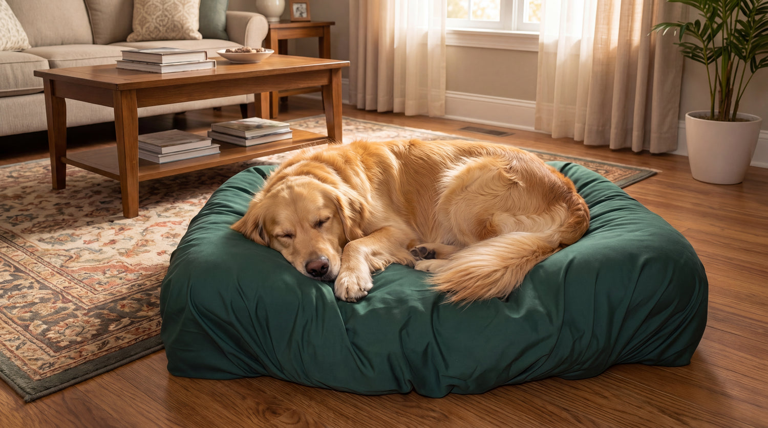 Dog lying on a green PawSheet covered dog bed in a cozy living room.
